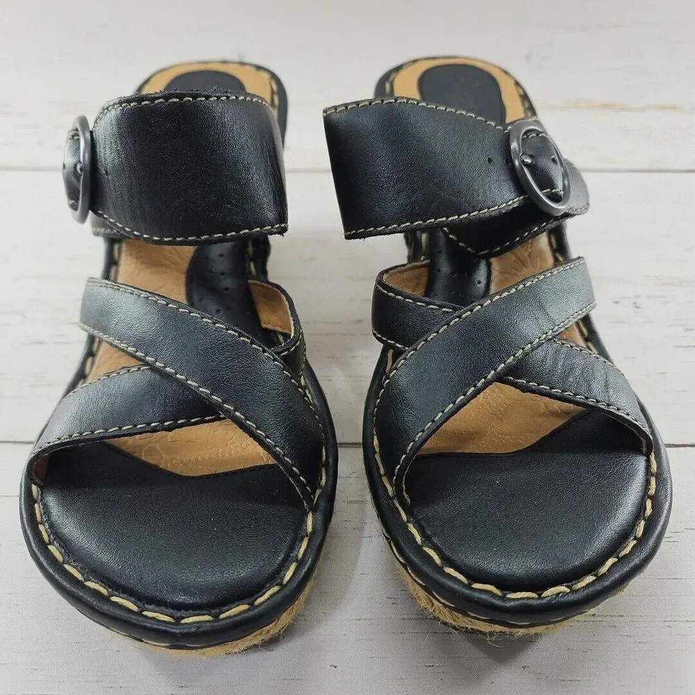 Born Boc Wedge‎ Sandals Womens 7 Black Leather Comfort Espadrille Strappy Shoe